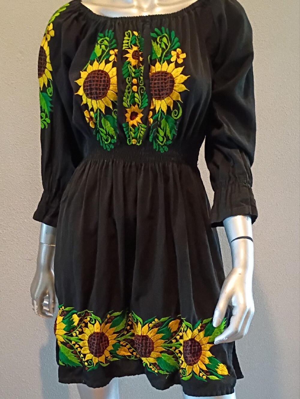 Sunflower Artisan-Embroidered Boho   Black Cotton Mini Dress Sz Med - Picture 2 of 12